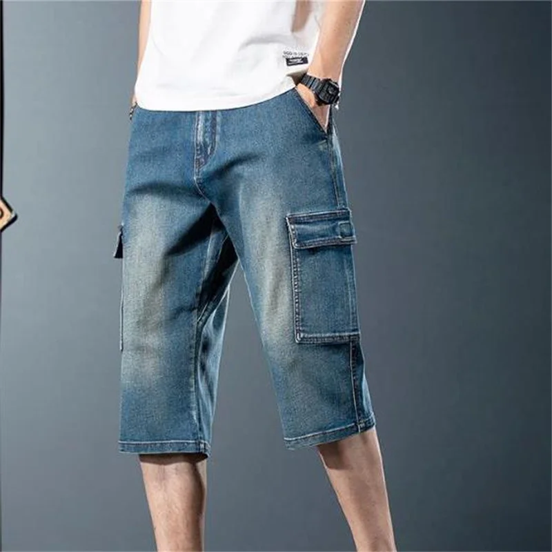 Large-size Men's Multi-pocket Workwear Cropped Pants, Vintage Summer Denim Shorts