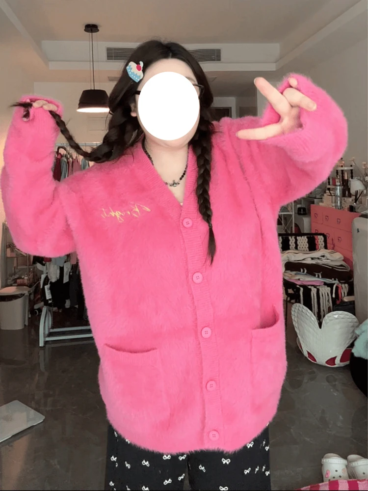 ソフトイエローニットミンクベスト女性のルーズアウター秋冬カジュアルスタイル暖かさセーターコートボタンキャンディーカラーポケット