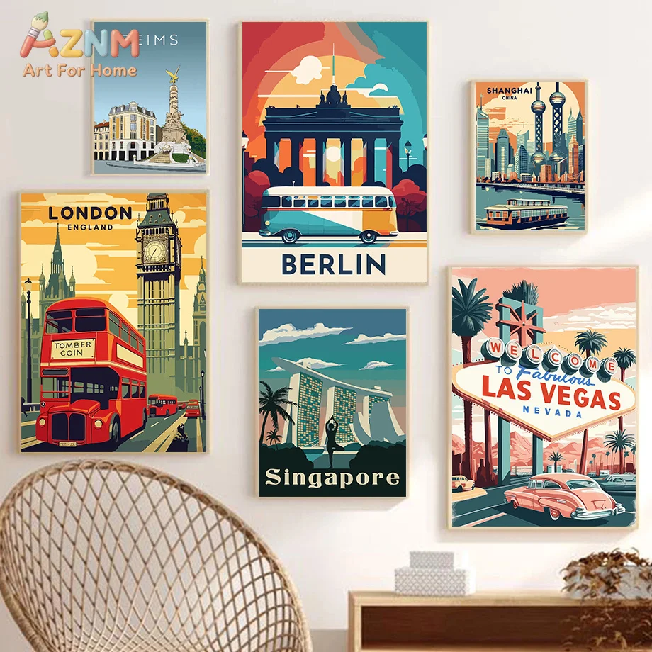 AZNM Unframed Canvas Print Vintage City Travel Poster Wall Art World Landmark Retro Home Decor