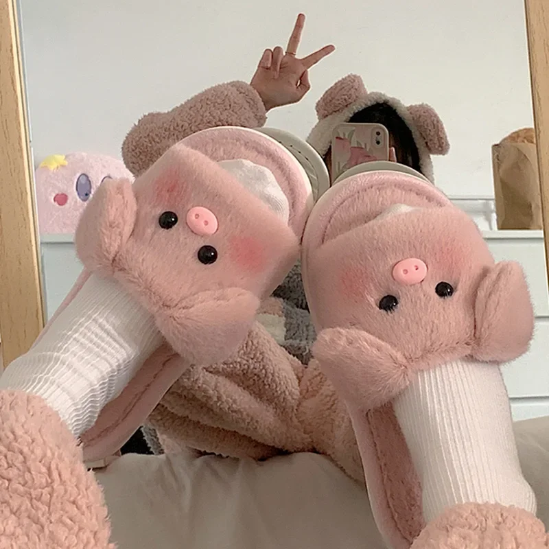 

Plush Cotton Slippers for Women Men Fashion Fluffy Winter Warm Slippers Lovers Cartoon Pig Cute Non-slip Flat Home Cotton Shoes