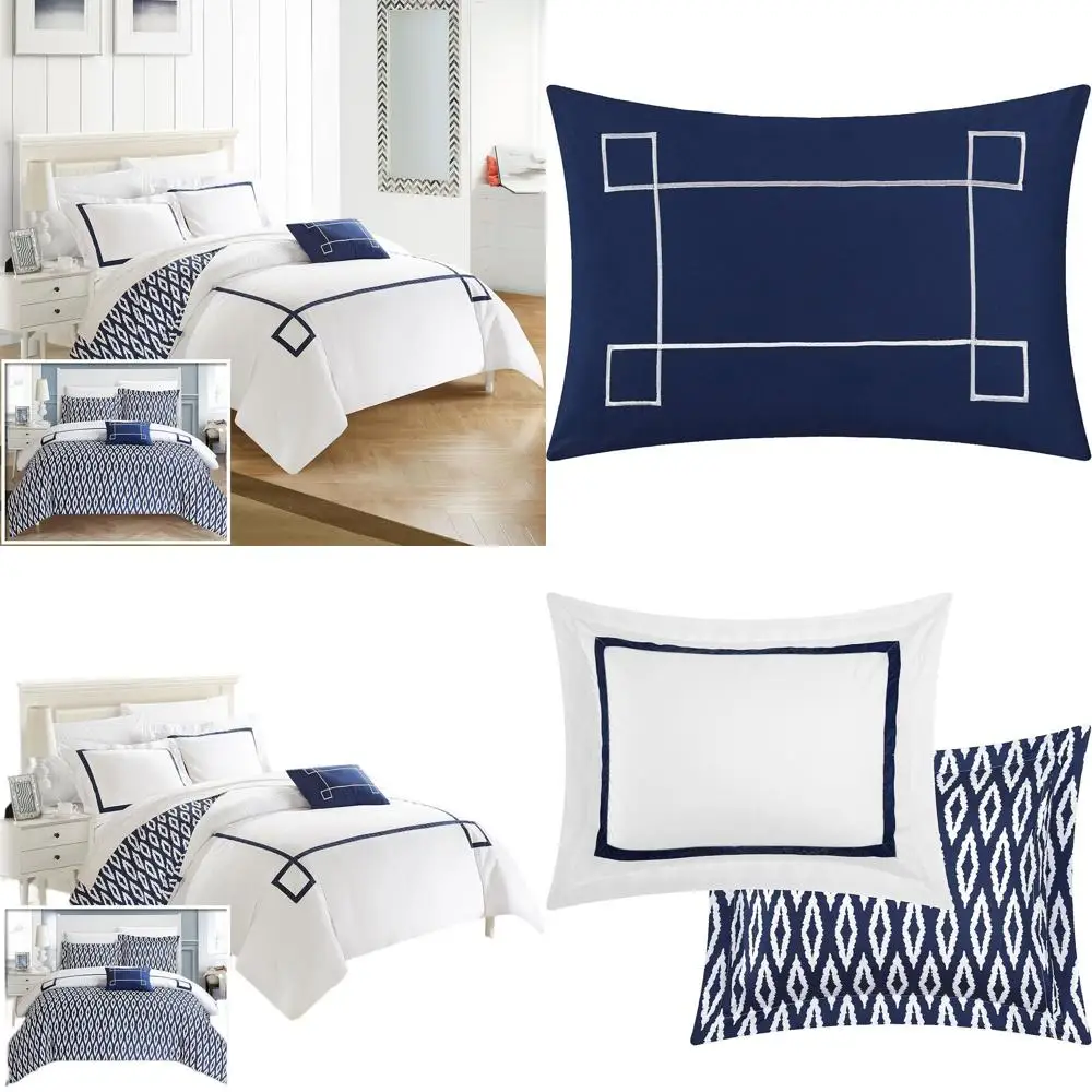 

Kendall 4-Piece Modern Greek Key Embroidery Reversible Queen Duvet Cover Set with Navy Shams & Pillows