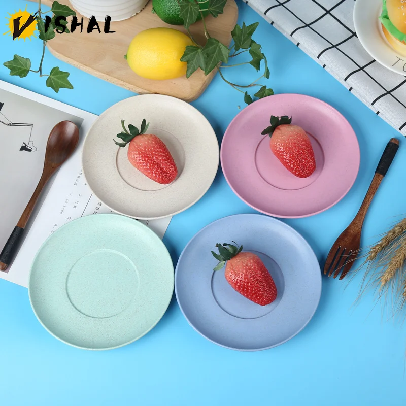 VISHAL Wheat Straw Dish Set Round Rice Plate Creative Home Anti Drop Bone Dish Plastic Fruit Plate Retro Wheat Tableware