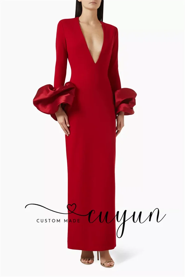 CUYUN Aangepaste Rode Enkellange Vrouwen Feestjurken Diepe V-hals Lange Mouwen Prom Avondjurken Bruiloft Banket Diner