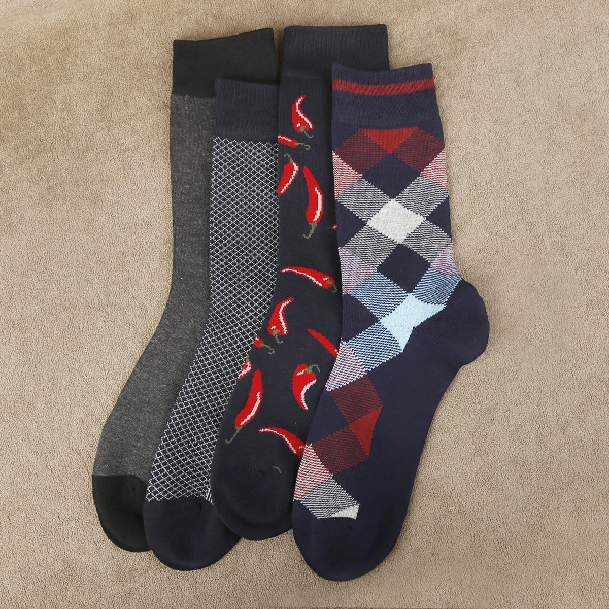 Men Polyester Crew Socks Mixed Chili Plaid Geometric Pattern Casual Mid Calf Socks Single Pair