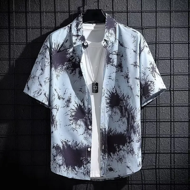 

Summer Short Sleeve Shirt For Men Ice Silk Breathable Korean Fashion Printed Half-Sleeve Shirts And Blouses