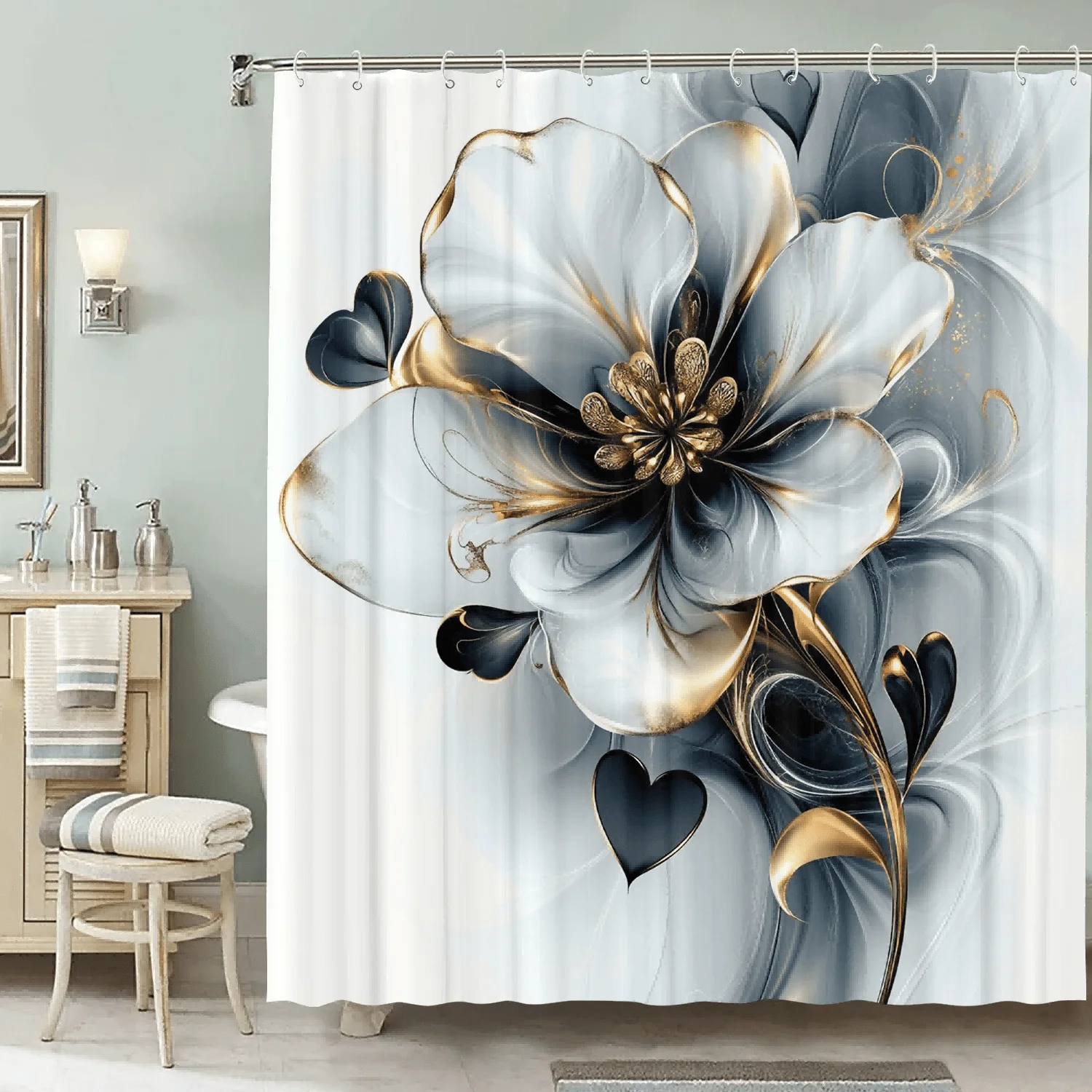Luxuriöser Duschvorhang mit Blumenmuster, 12 Haken, geeignet für Zimmer, Zuhause, Hotel, maschinenwaschbar, Badezimmer-Vorhänge, einteilig