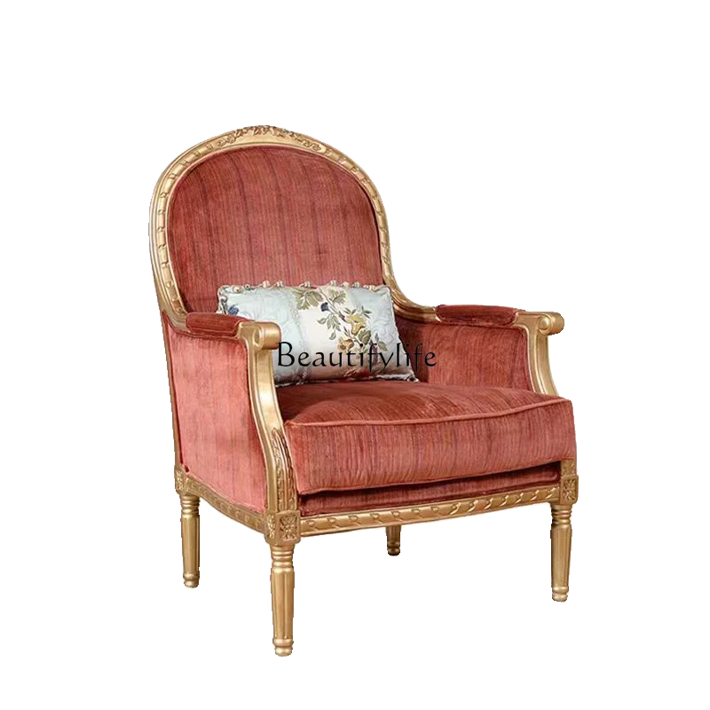 

*French retro solid wood carving flower gold old sofa chair villa living room luxury fabric leisure chair