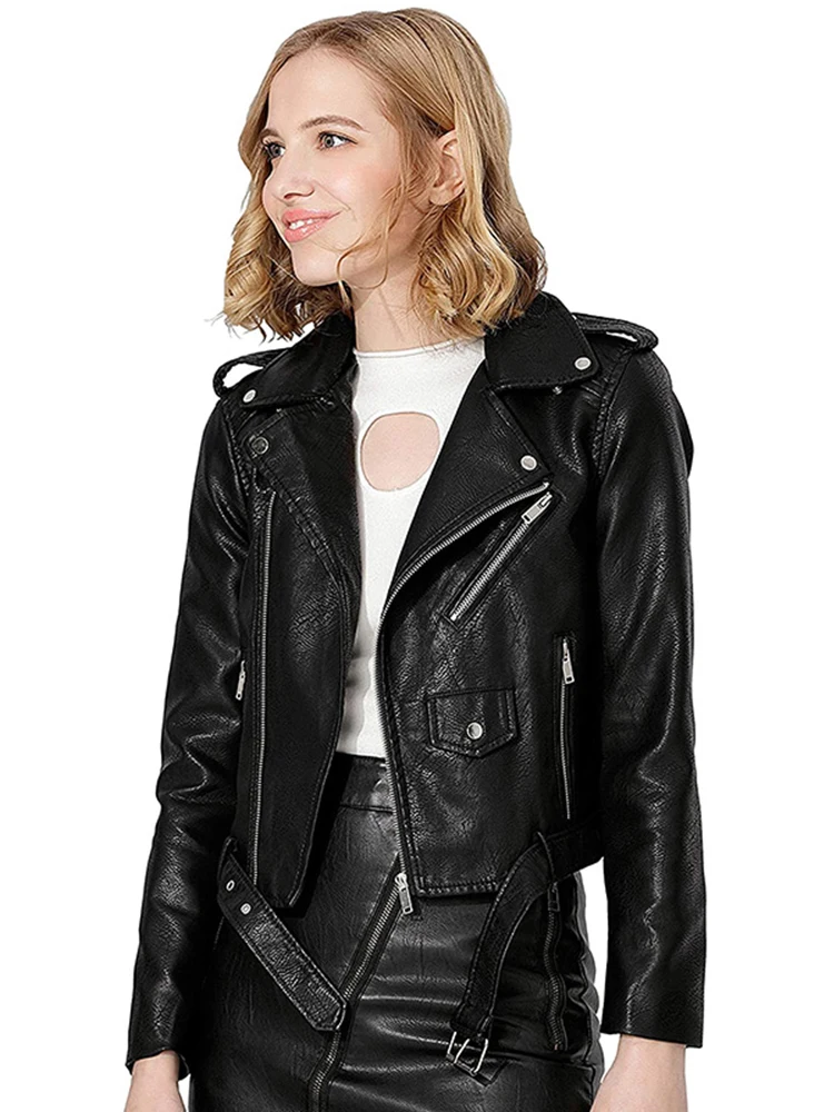 Fitaylor Women Faux PU Leather Jacket Female Motorcycle Leather Coat Casual Lady Lapel Zipper Jacket