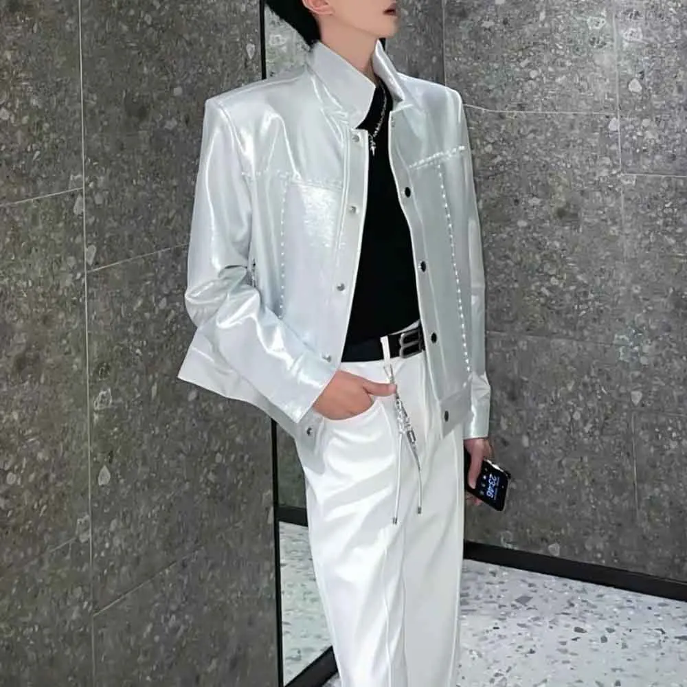 Mens Autumn Jacket Liquid Glossy Pearl Shoulder Pad Jacket Streetwear Fashion Nightclub Stage Performance Top Men'S 2025 New