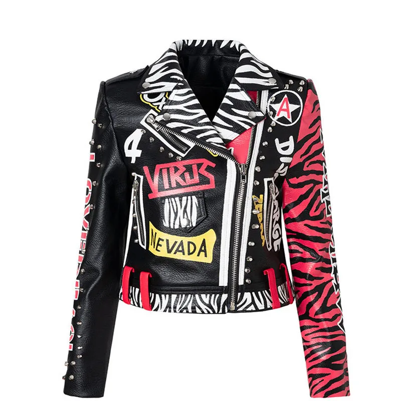 

Spring New Women 2024 Print Motorcycle Leather Jacket Trend Punk Rivets Streetwear Black Red Stitched Leather Cropped Jackets