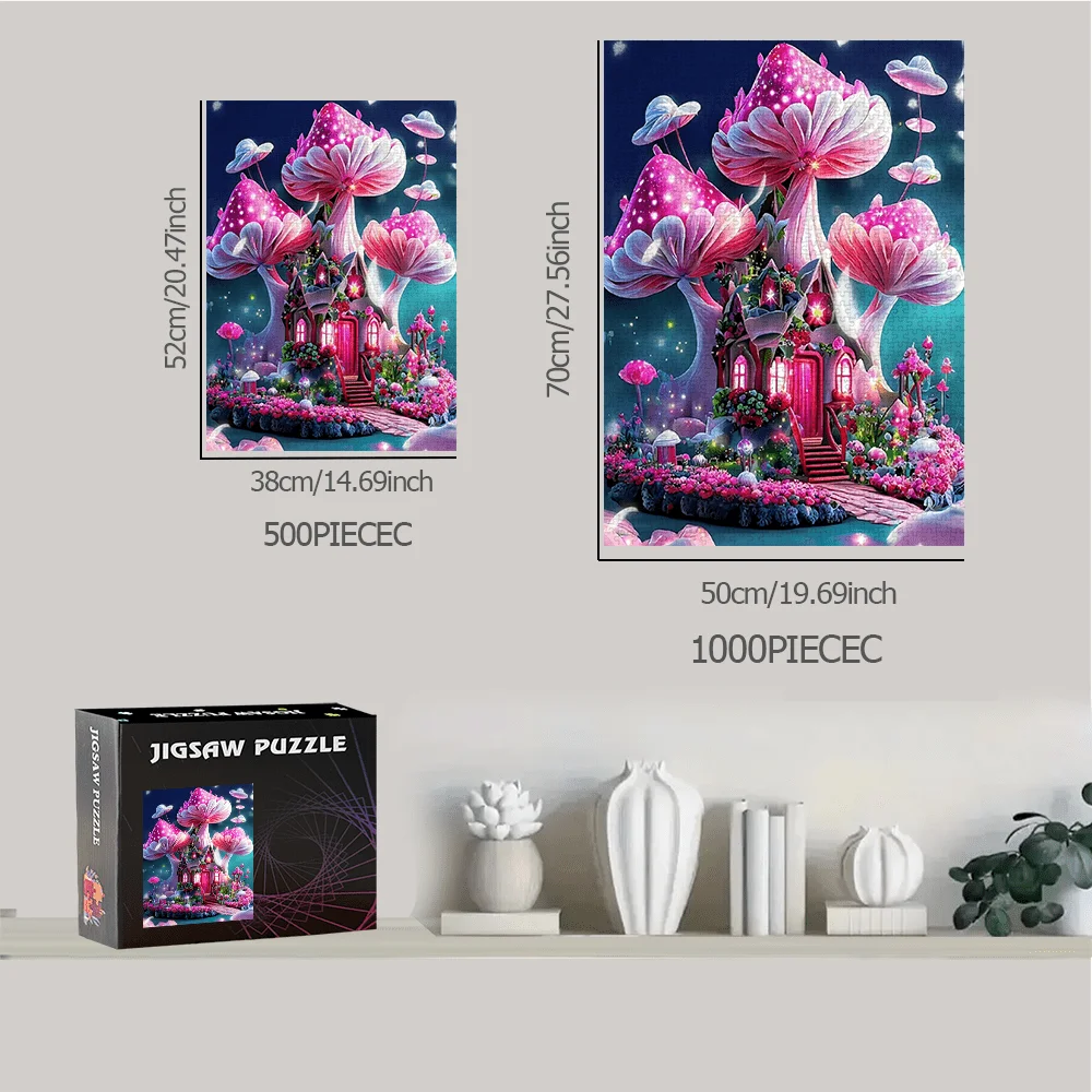 จิ๊กซอว์บ้านเห็ดมหัศจรรย์ 500/1000 ชิ้น - บ้านเรืองแสงและป่าเรืองแสงในยามค่ำคืน พร้อมเห็ดสีชมพูและสีขาว