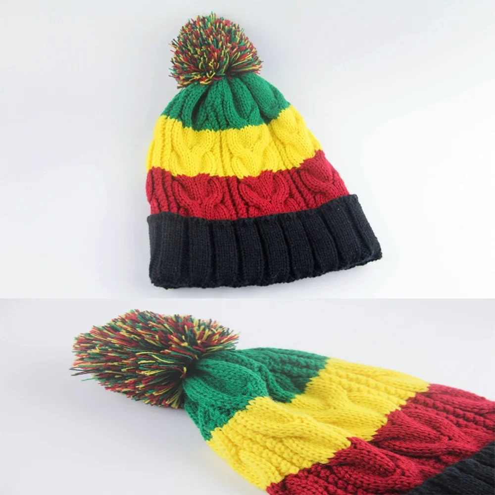 Cute Unisex Mixed Color Stripe Patterned Designer Warm Knitted Hat Beanie Winter Stretchable Colorful Unisex Knitted Hat