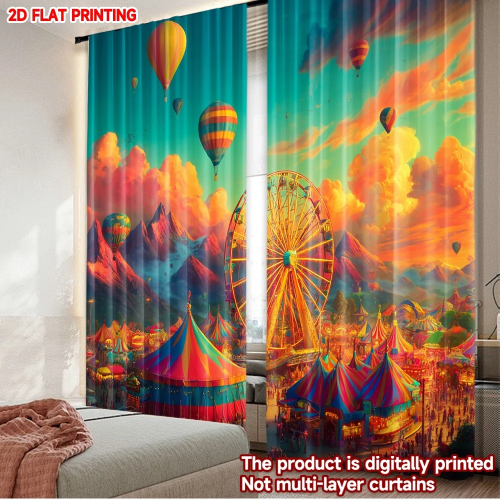 2D flat printing 2pcs Curtain Curtains Carnival Ferris Wheel Scene(1) Digital Printed Polyester Drapes Festive Holiday for