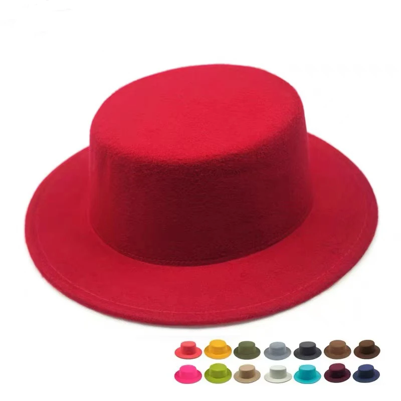 Flat Top hat Girl Fedoras Hats for Women Solid Color Imitation Woolen Jazz Cap Elegant British Wide Brim Ladies Caps Bowler Hats