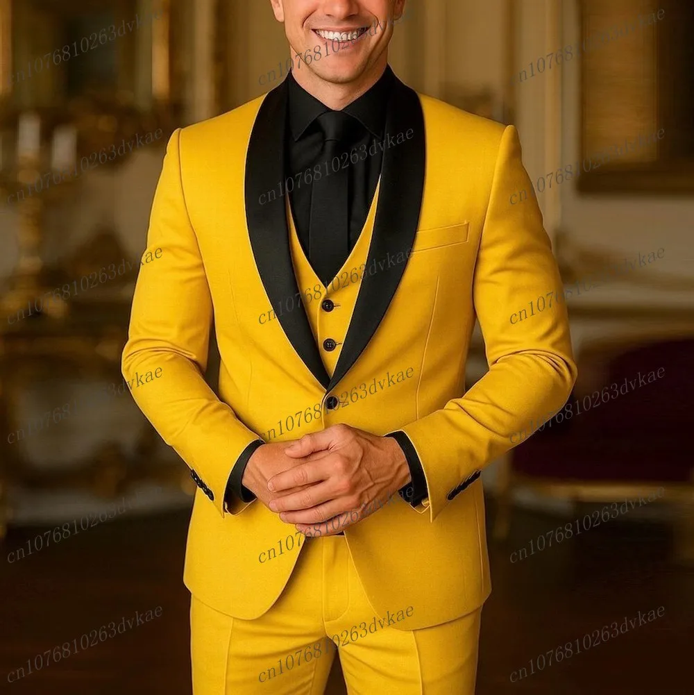 

Желтый деловой мужской костюм с черным воротником, жених, жениха, свадебной вечеринки, выпускного вечера, деловые мужские смокинги, комплект из 3 предметов, пиджак, жилет, брюки