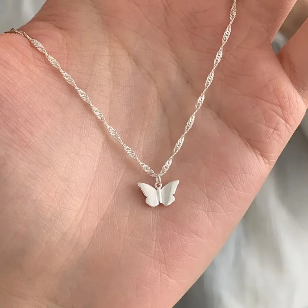 Cute Sweet Sterling Silver Little Butterfly Pendant Choker Necklace for Woman Y2k Collarbone Chain Jewelry Accessories Colorfast