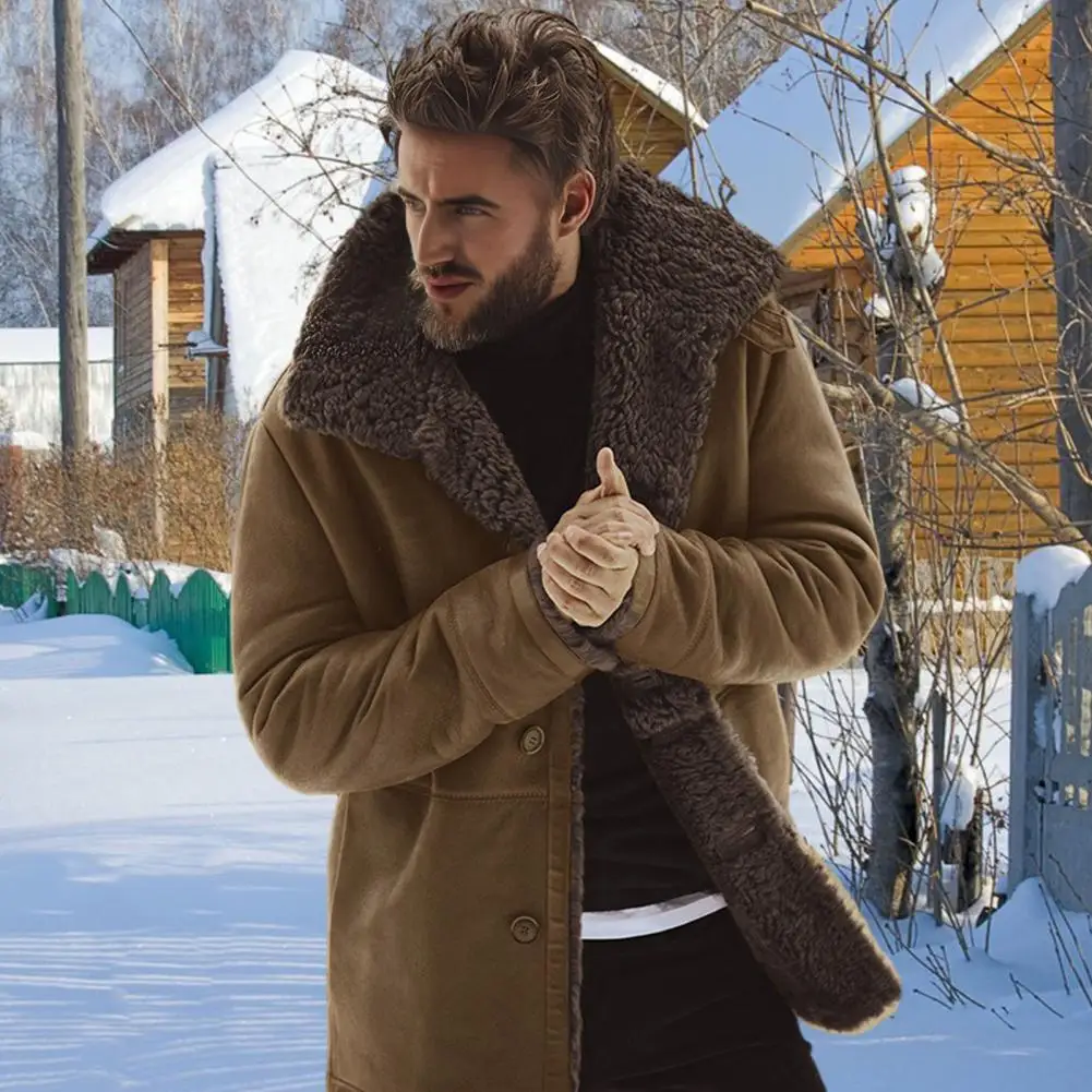 

Men Coat Men's Lapel Coat Winter Jacket with Pockets Single Breasted Thickened Outerwear Velvet Lining Autumn Long Sleeve