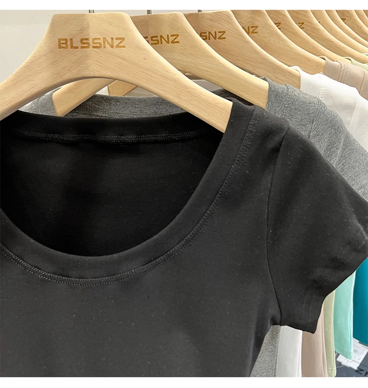2026 Sexy Quadratischer Ausschnitt Slim T-Shirt Damen Baumwolle Elastisch Basic Einfarbig Lässige Oberteile Kurzarm Dünne T-Shirts Transparent – Detail 38
