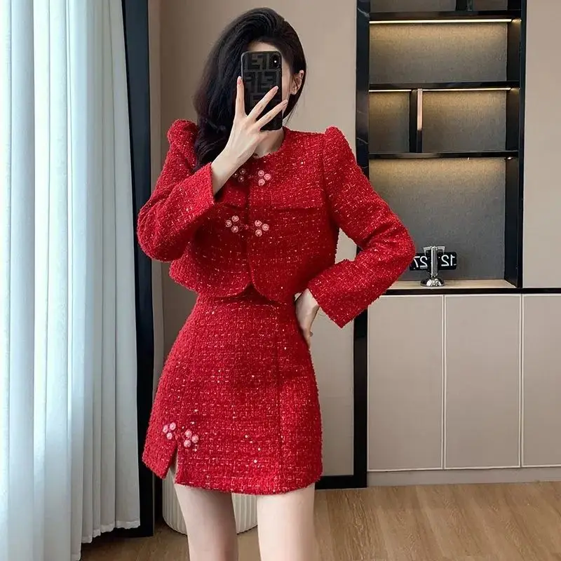 

UNXX New Year’s Eve Outfit: Winter Red Tweed Two-Piece Set for Petite Women with Short Jacket and Skirt High Quality Fashionable