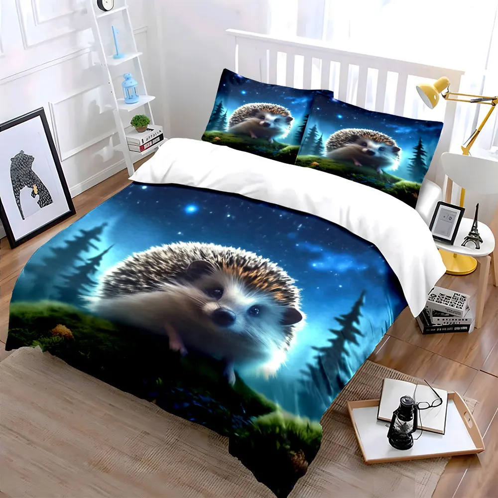 3pcs Hedgehog under starlit sky Duvet Cover Set with 3D Printing Design Soft Polyester Bedding Set All-Season Comfort