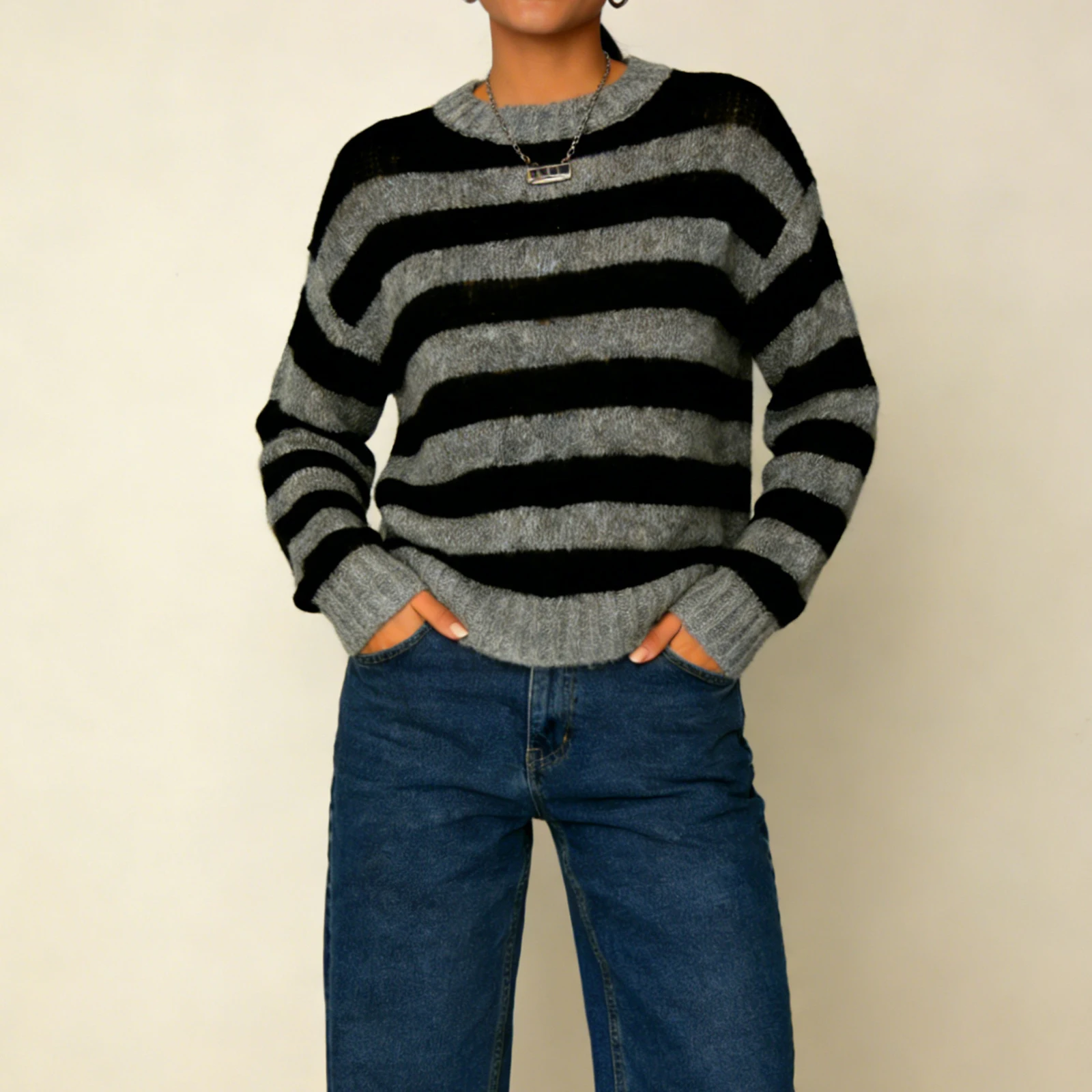 

Vintage Women's Autumn Spring Striped Patchwork Sweater Long Sleeve Round Neck Loose Pullover Knitwear