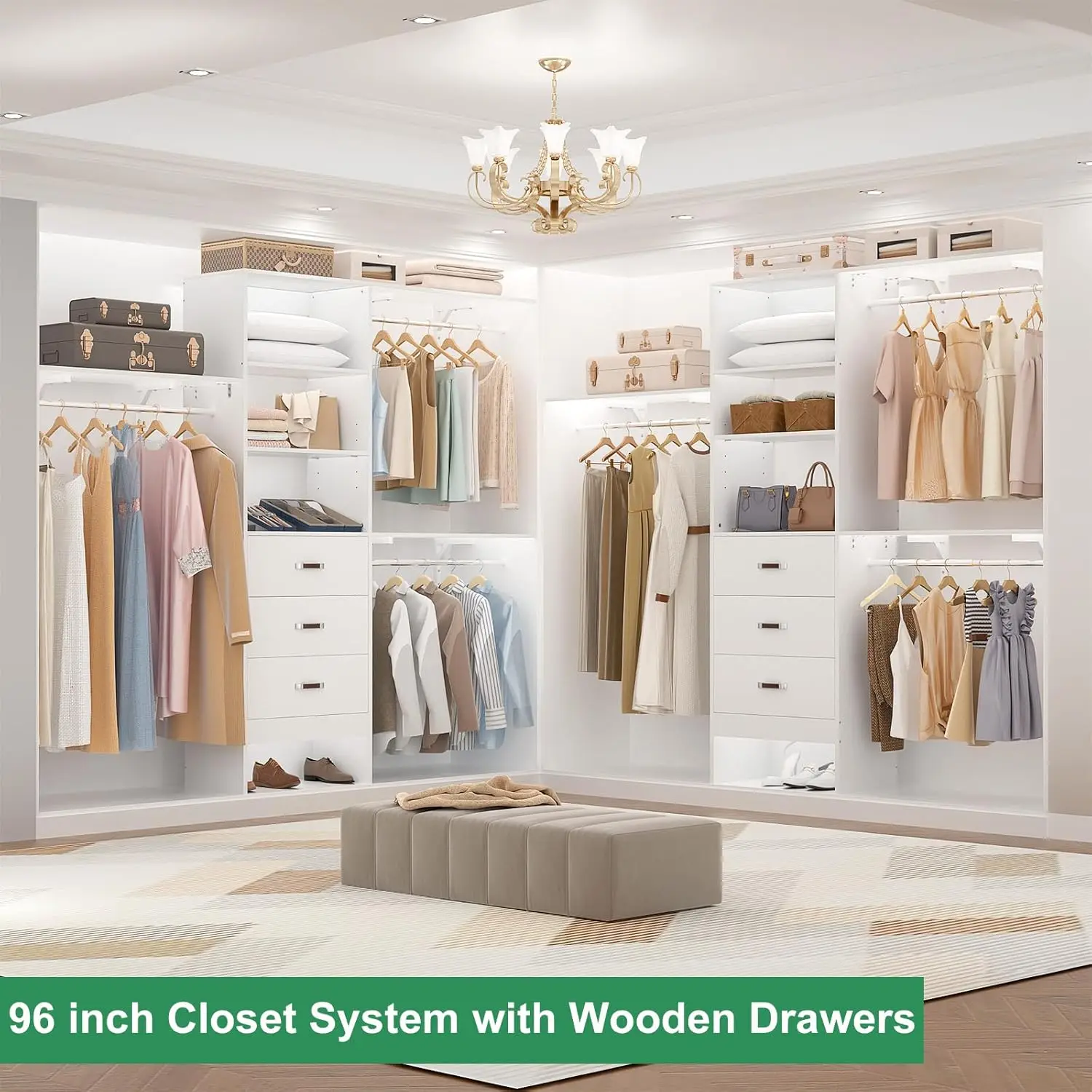 Closet System With Wooden Drawers, 8 Ft Closet Organizers System With Adjustable Shelves & Hanging Rods, Wall-Mounted Closet