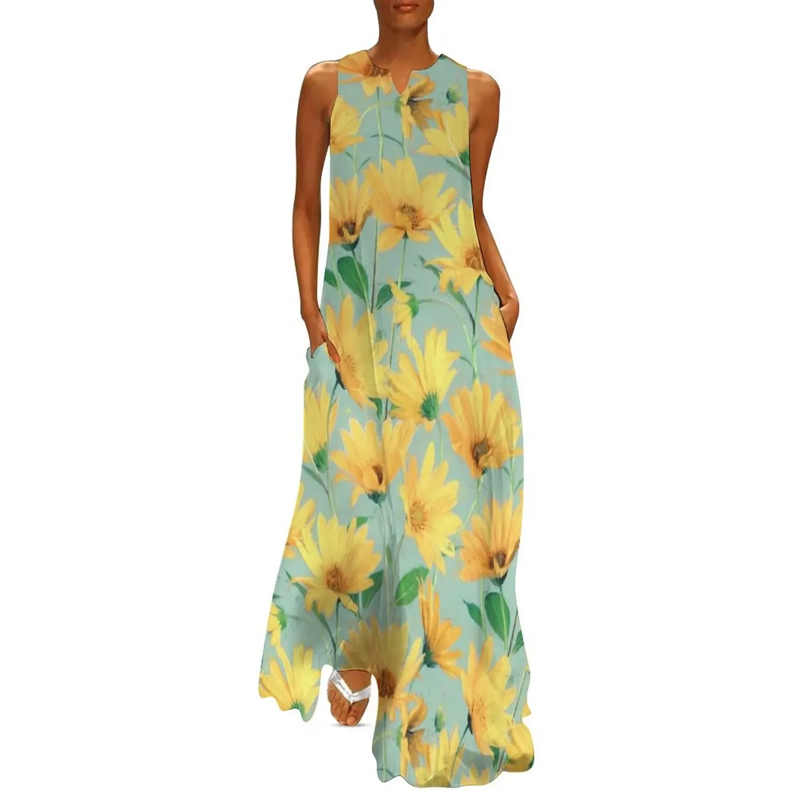 

Painted Golden Yellow Daisies on soft sage green Long Dress Prom gown bandage dress dresses for women Dress