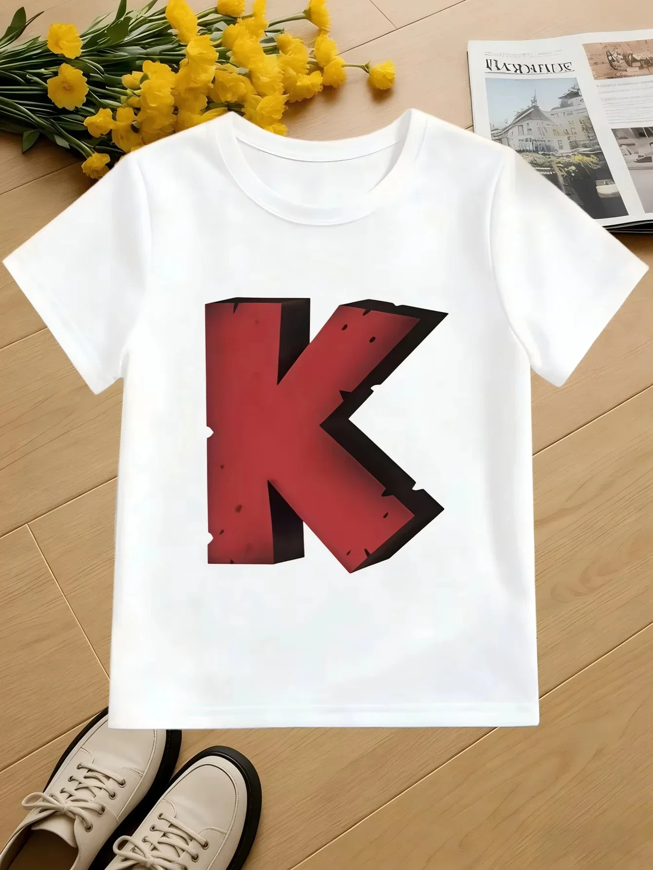 Little Kids Crew Neck T Shirt Vintage Damaged 3D Alphabet K Design Short Sleeve Comfortable Summer Casual Tee