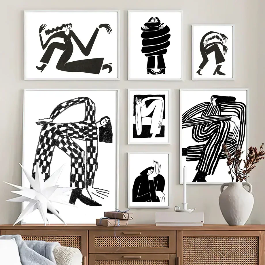 Nordic Poster Black White Abstract Curve Lines Clothes Girl Pose Wall Art Canvas Painting Wall Pictures For Living Room Decor