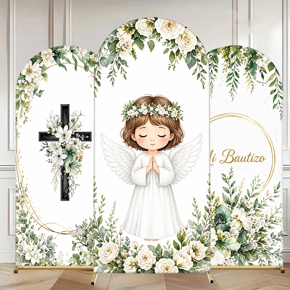 

Mi Bautizo Party Banner Backdrop Decor Angel Cross White Flowers Green Leaves Background First Baptism Cake Table Arch Cover