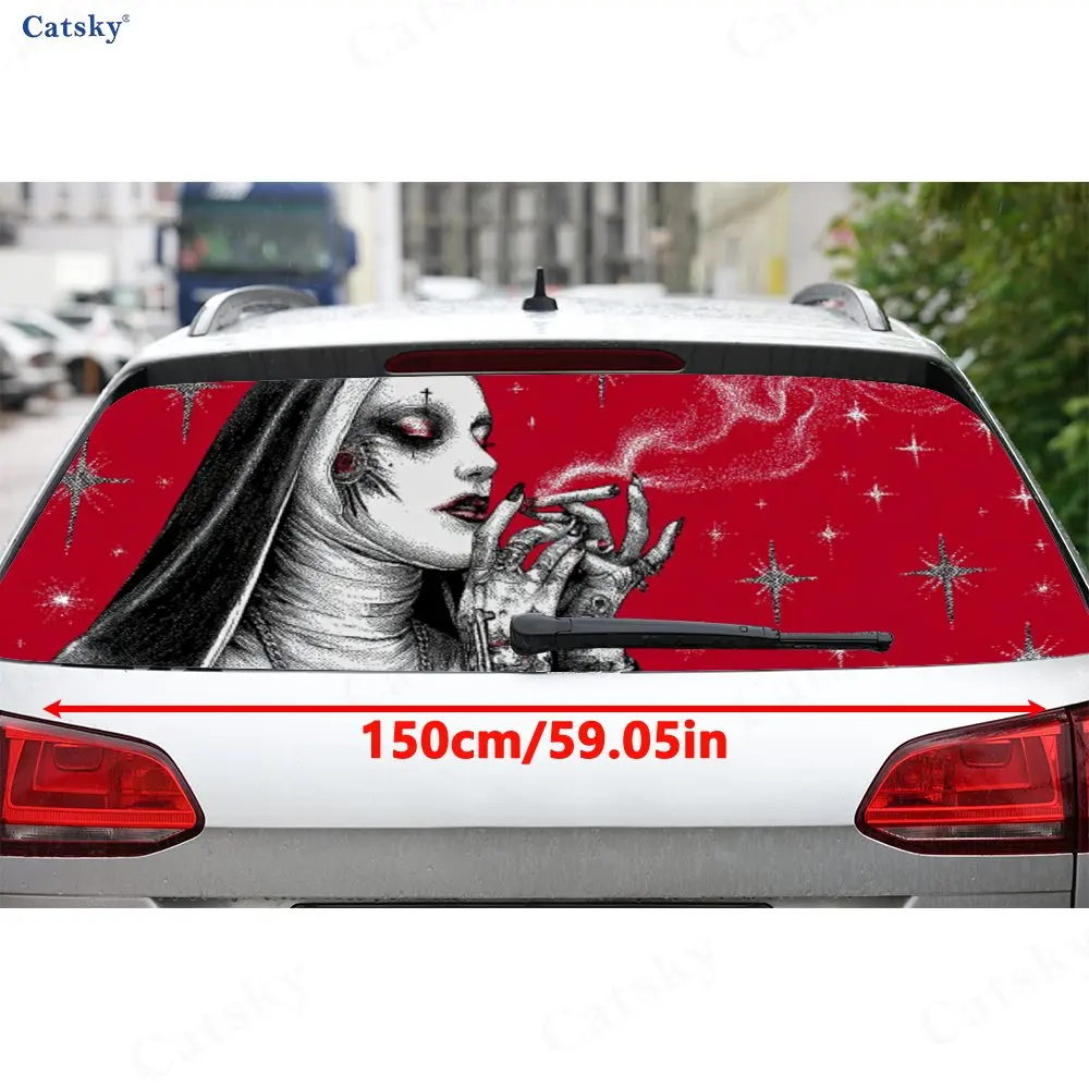 Rebel Nun Punk Artistic Voyage PVC Perforated Car Vinyl Wraps, Durable Car Rear Windshield Sticker, Waterproof Car Rear Window D