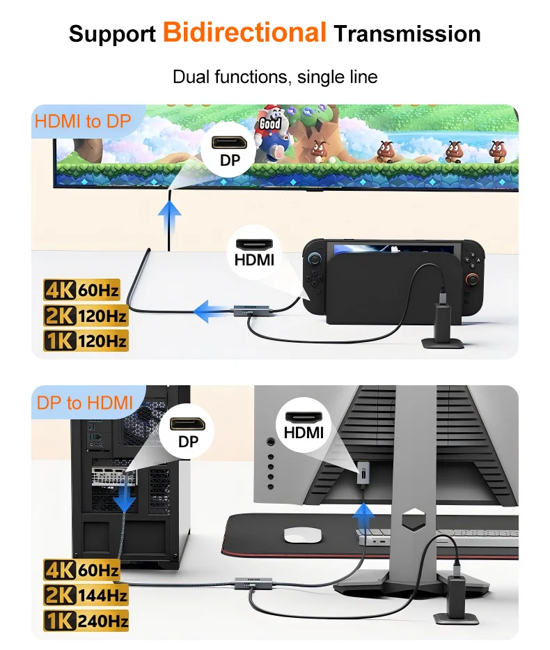 4K@60Hz Bidirektionales HDMI-zu-DP-Kabel, aktiver DP-zu-HDMI-Adapter für Switch/PS5/Xbox Laptop PC tragbarer Monitor Konverterkabel – Detail 5
