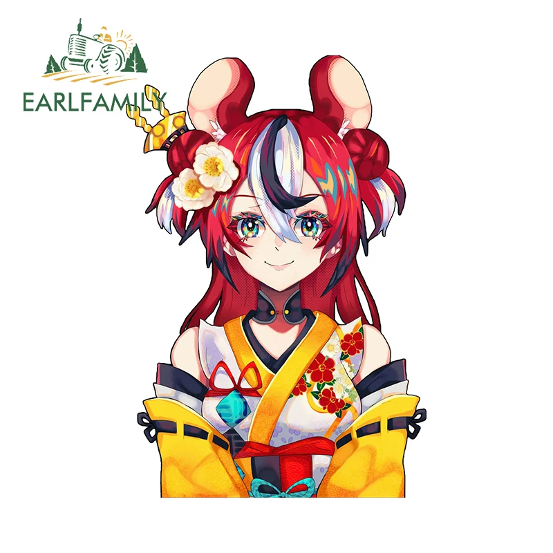 EARLFAMILY Hakos Baelz Hololive Half Body Car Stickers Kawaii Red Hair Cute Mouse Sunscreen Decal Interesting Accessories