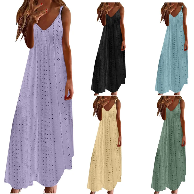 Women Casual Ruffles Vintage Hole Lace Befree Dress Summer Camis Strap Backless Evering Night Party Elegant Maxi Dresses