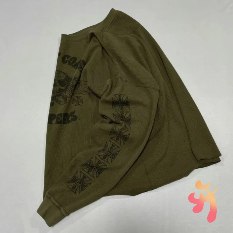 

Винтажные зеленые вафельные чопперы на западном побережье, топы с длинными рукавами, уличная футболка в стиле хип-хоп, футболка большого размера, с принтом скелета и орла, мужской и женский пуловер