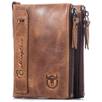 BULLCAPTAIN Genuine Leather Wallet for Men Vintage Bifold with Double Zipper Pockets