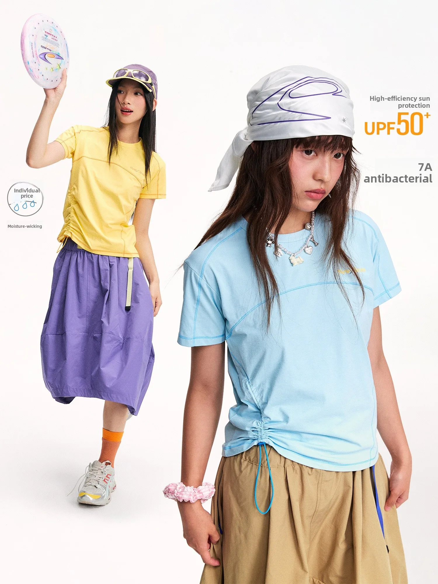 NewJNXS Ladies Casual Short Sleeve T-Shirt with Drawstring Color Block Print Summer Top Simple Leisure Style Polyester Fiber