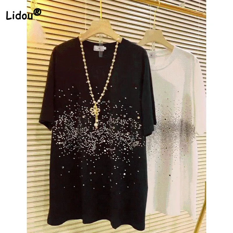 Camiseta holgada informal con diamantes para mujer, Jersey Midi de manga corta que combina con todo, Tops de cuello redondo, ropa femenina de verano