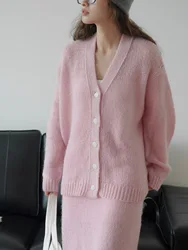 Autumn and Winter Women's Casual Solid V-Neck Long Sleeve Loose Cardigan Sweater