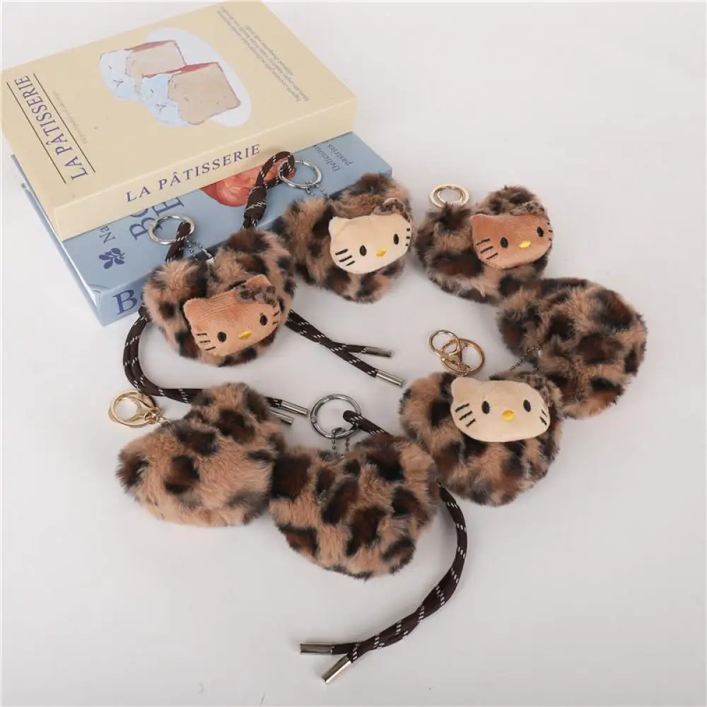 

Miniso Kawaii Hellokitty Bag Pendant Retro Leopard Print Hellokitty Plush Pendant Bead Chain Key Pendant Small Gifts