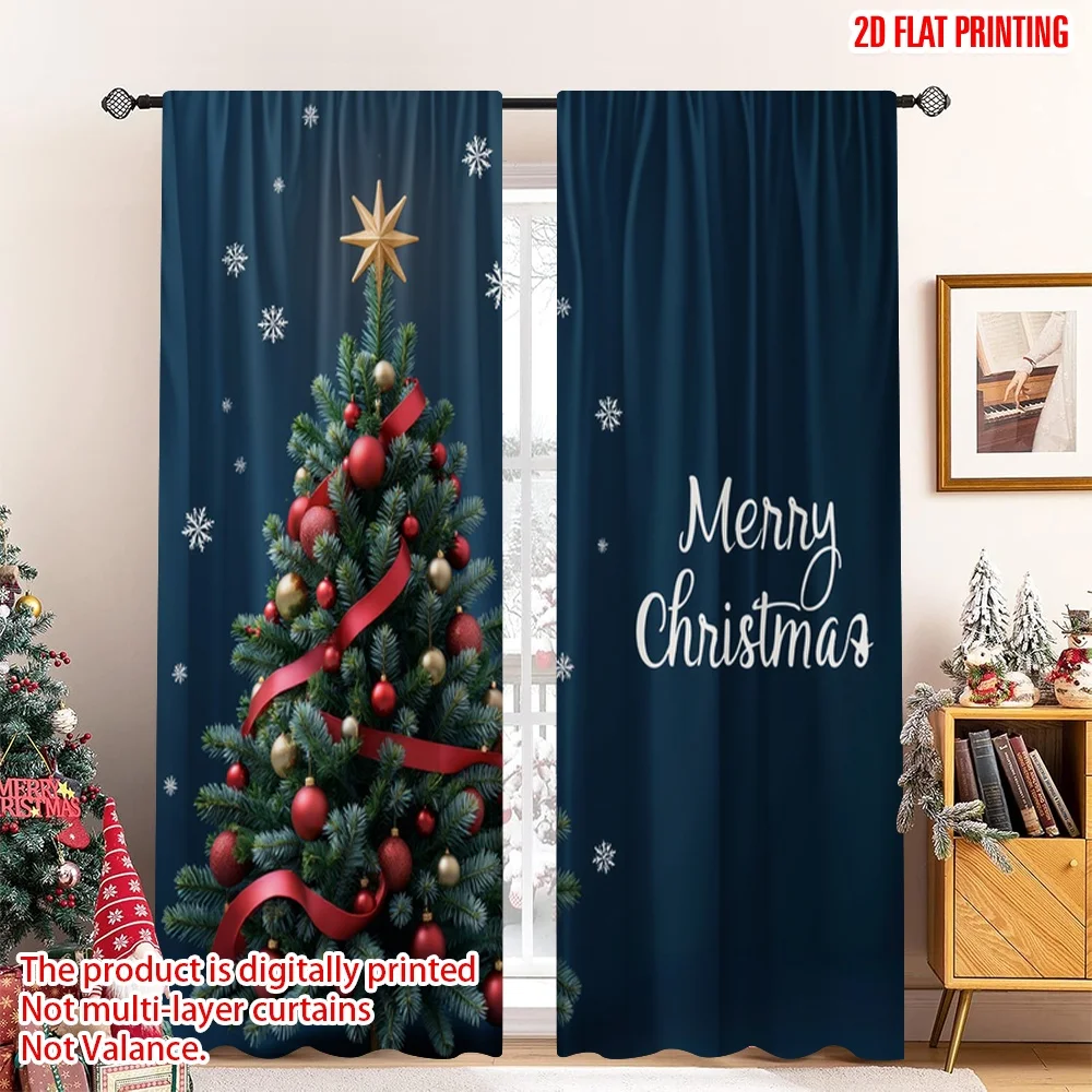 

2pcs 2D flat printing Merry Christmas Window Curtains Merry Christmas Tree Snow 100% Polyester Without Electricity Party
