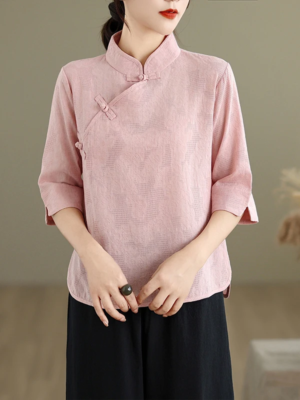 

New Chinese Style Cotton Linen Set Women Summer Heavyweight Embroidery Shirt High Waist Wide Leg Pants Two Piece Set