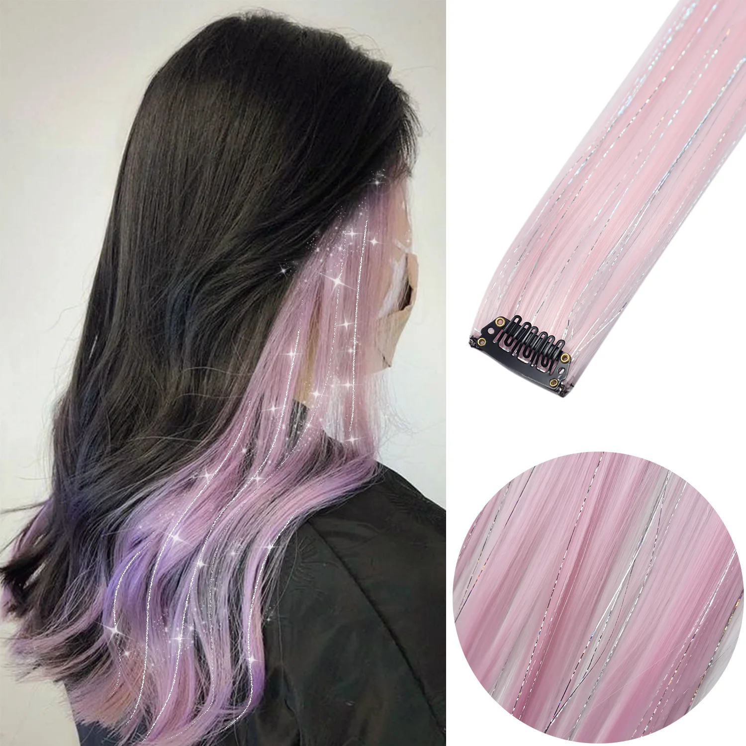 Clip In Gekleurde Hair Extensions Gemengde Zilveren Tinsels Synthetische Regenboog Haarstukken Vakantie Feest Hoogtepunten Voor Vrouwen Meisjes