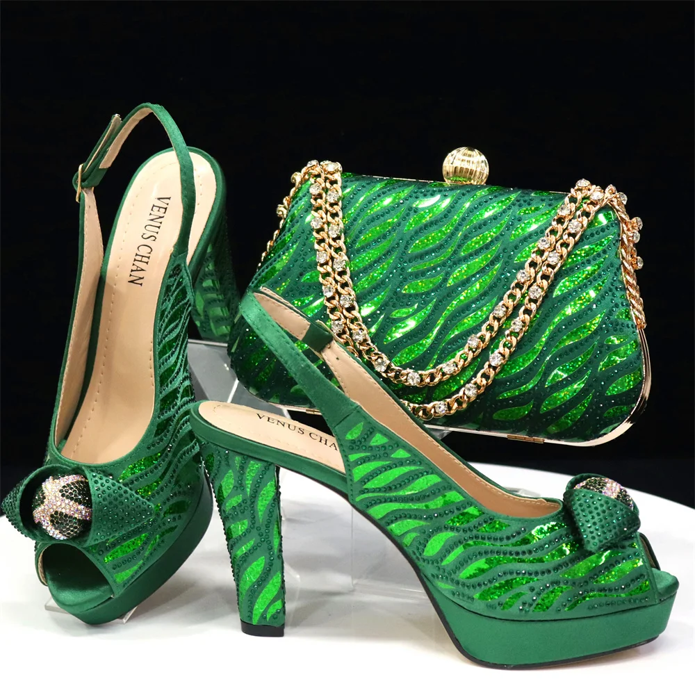 

doershow new come Matching Women Shoe and Bag Set Decorated green Nigerian Shoes and Bag Set Italy Shoes and Bag set HJK1-60