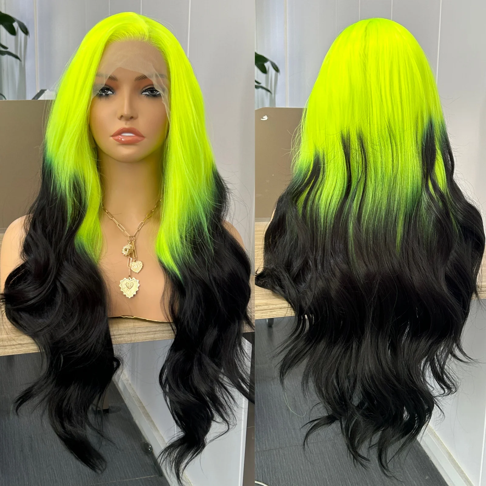 

Long Wavy Body Wave Neon Green Black Ombre Wig Synthetic Free Part 13X4 Fluorescent Colored Wigs for Women Party Cosplay Costume
