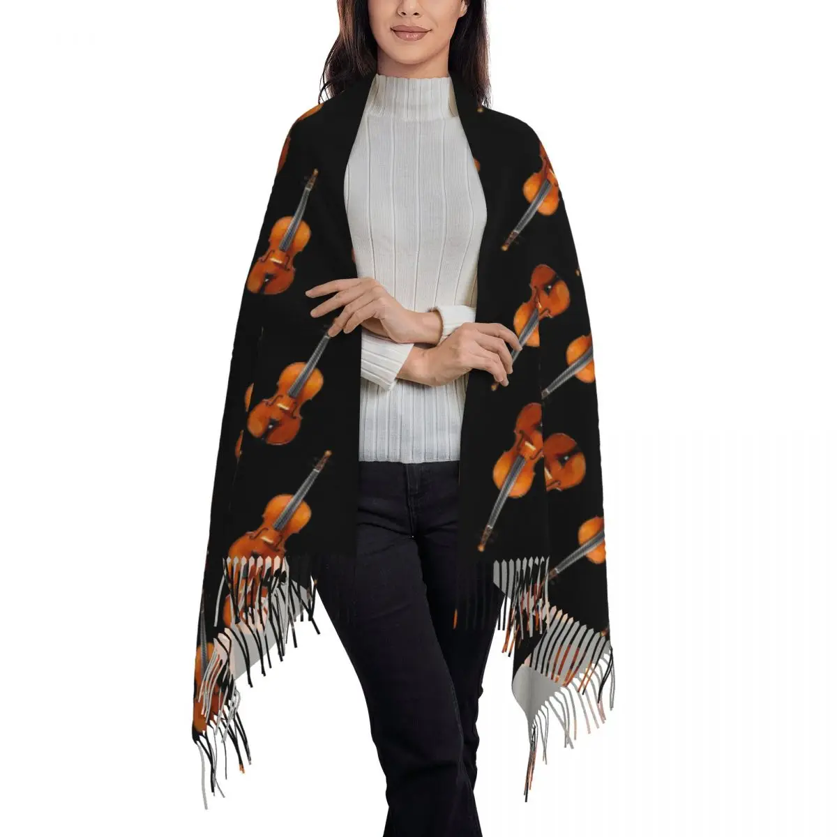 Antique Violin Musical Instrument Pattern Scarf Tassel Scarves for Women Soft Warm Shawls and Wraps Long Fall Winter Shawl Wrap