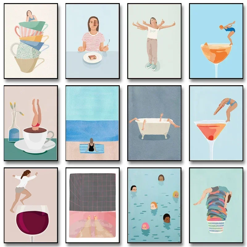 Nordic Pool Party Swim Diving Bathtub Coffee Girl Wall Art Minimalist Print Canvas Painting Posters for Living Room Home Decor