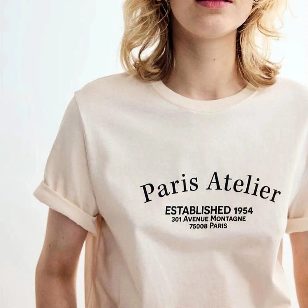 American Vintage Style Paris Letters Printing Apricot T Shirts Women Summer Short Sleeve Crewneck Cotton Tops Loose Casual Tees