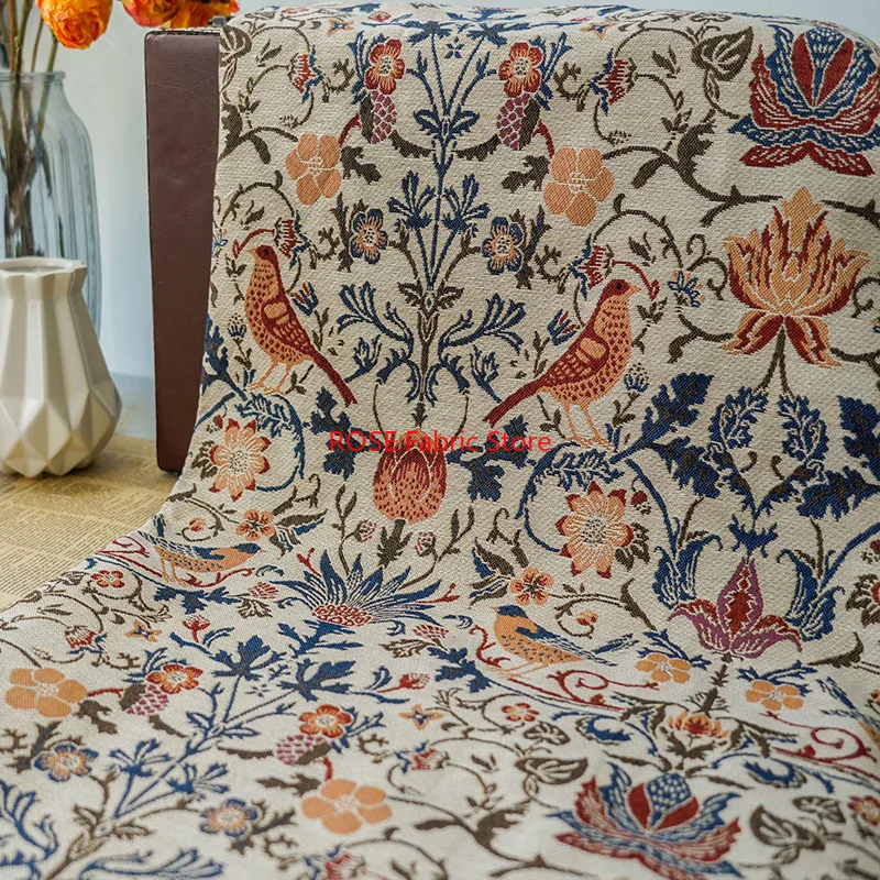 1 meter Light Coffee Color Flowers and Birds Yarn Dyed Jacquard Fabric Thick Stiff Retro Women's Dress Making Fabric