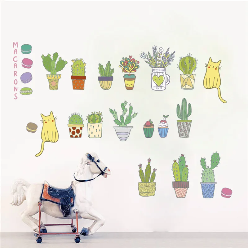 

Cactus Flowerspot Plant Wall Stickers Bedroom Living Room Home Decoration Diy Pastoral Style Mural Art Diy Cat Wall Decal